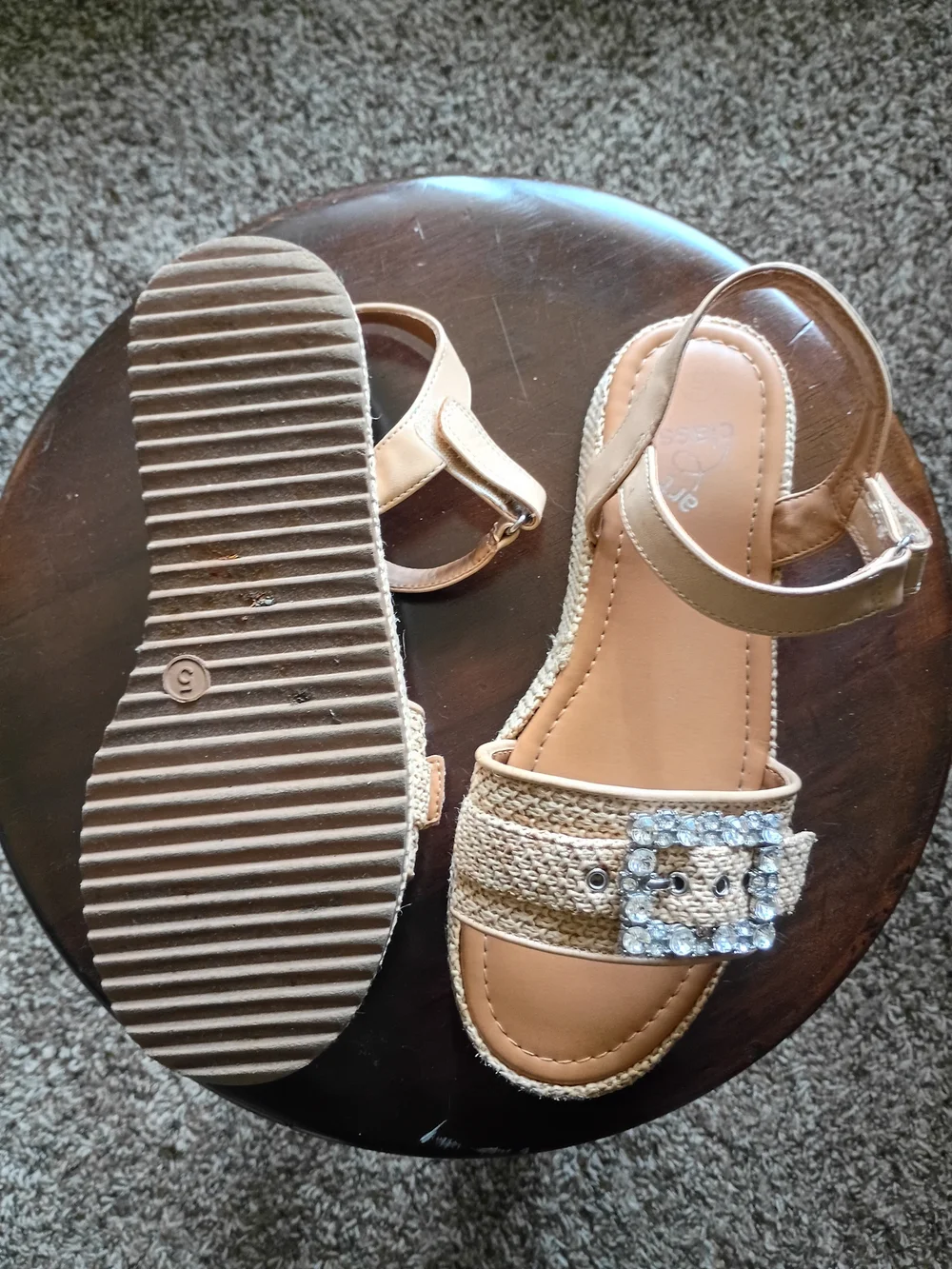 Beige Woven Platform Sandals with Rhinestone Buckle